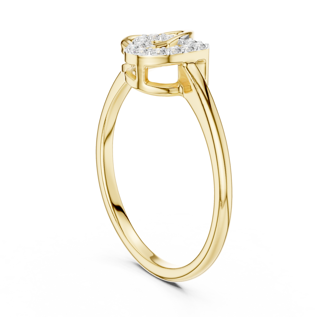 Yellow gold diamond ring with intertwined double hearts and round stones, side close view.