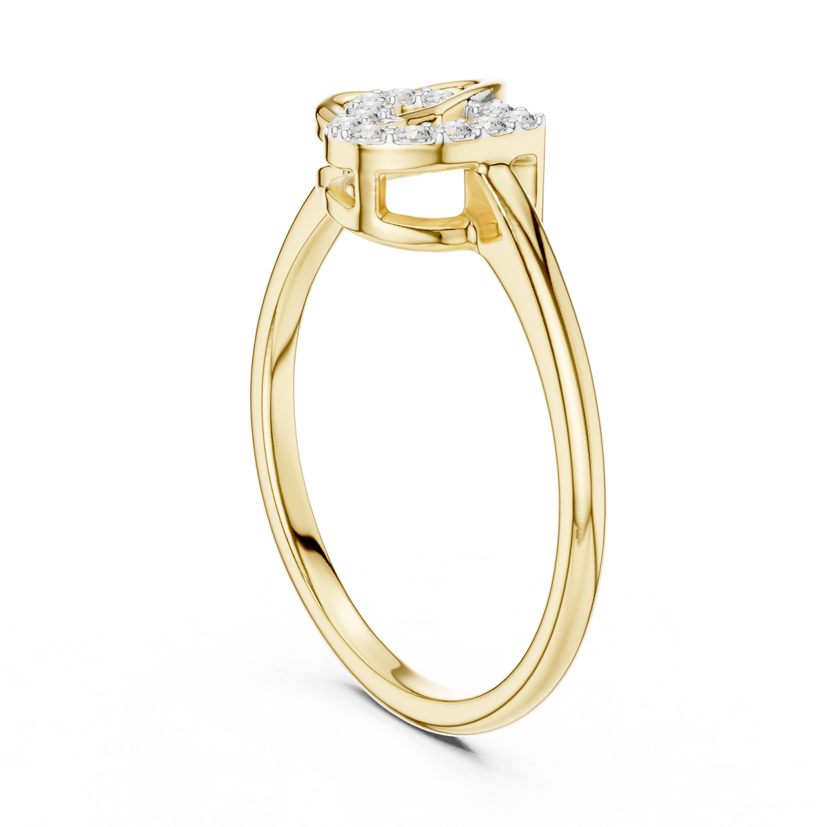 Yellow gold diamond ring with intertwined double hearts and round stones, side close view.