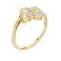 Yellow gold diamond ring featuring intertwined double hearts with round stones, close view.