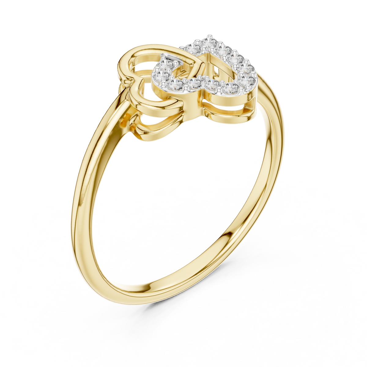 Yellow gold diamond ring featuring intertwined double hearts with round stones, close view.