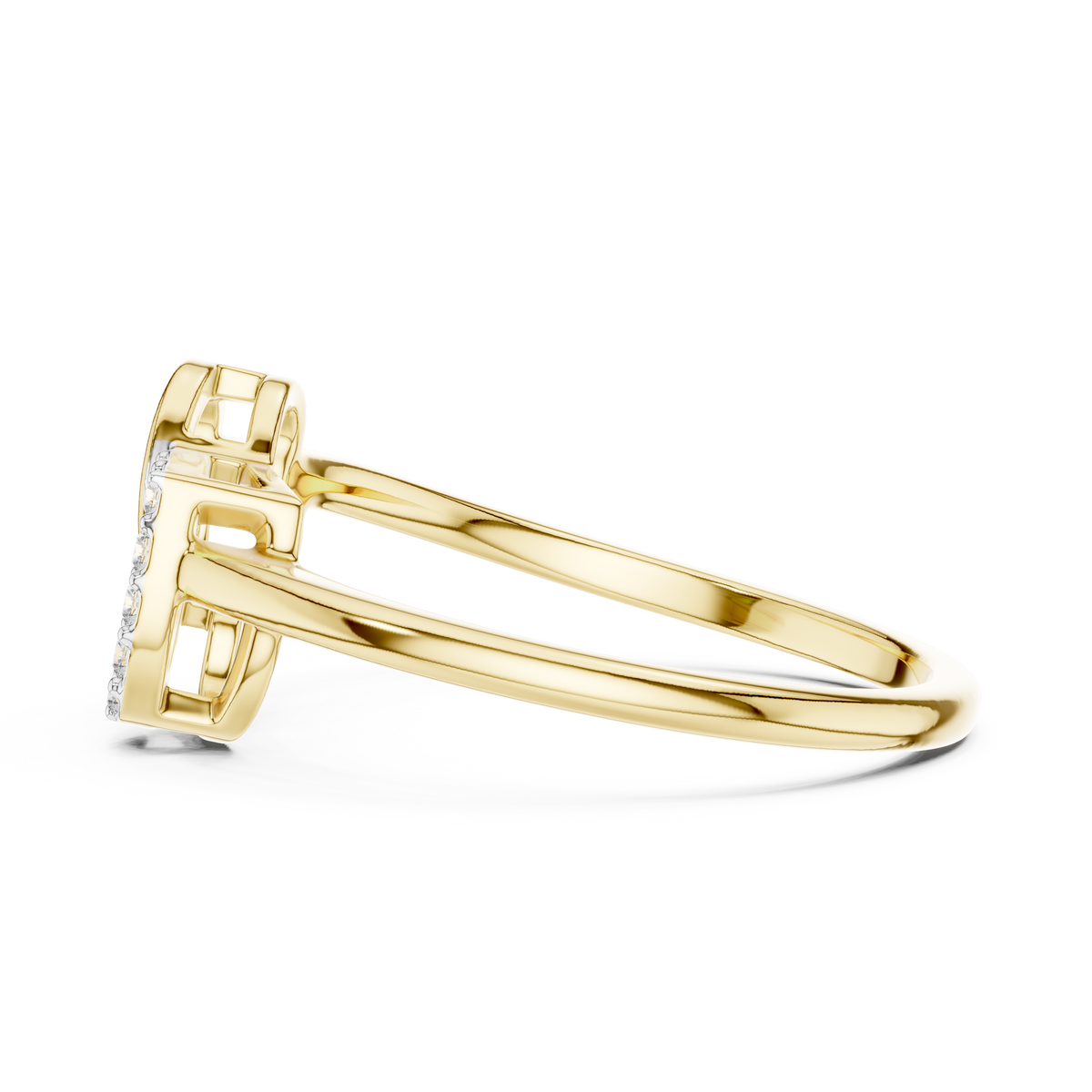 Yellow gold diamond ring with intertwined double hearts and round stones, side angle.