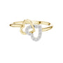 Yellow gold diamond ring with intertwined double hearts and round stones, front view.