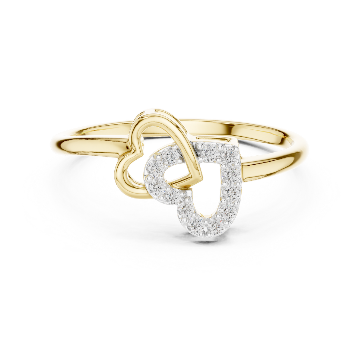 Yellow gold diamond ring with intertwined double hearts and round stones, front view.