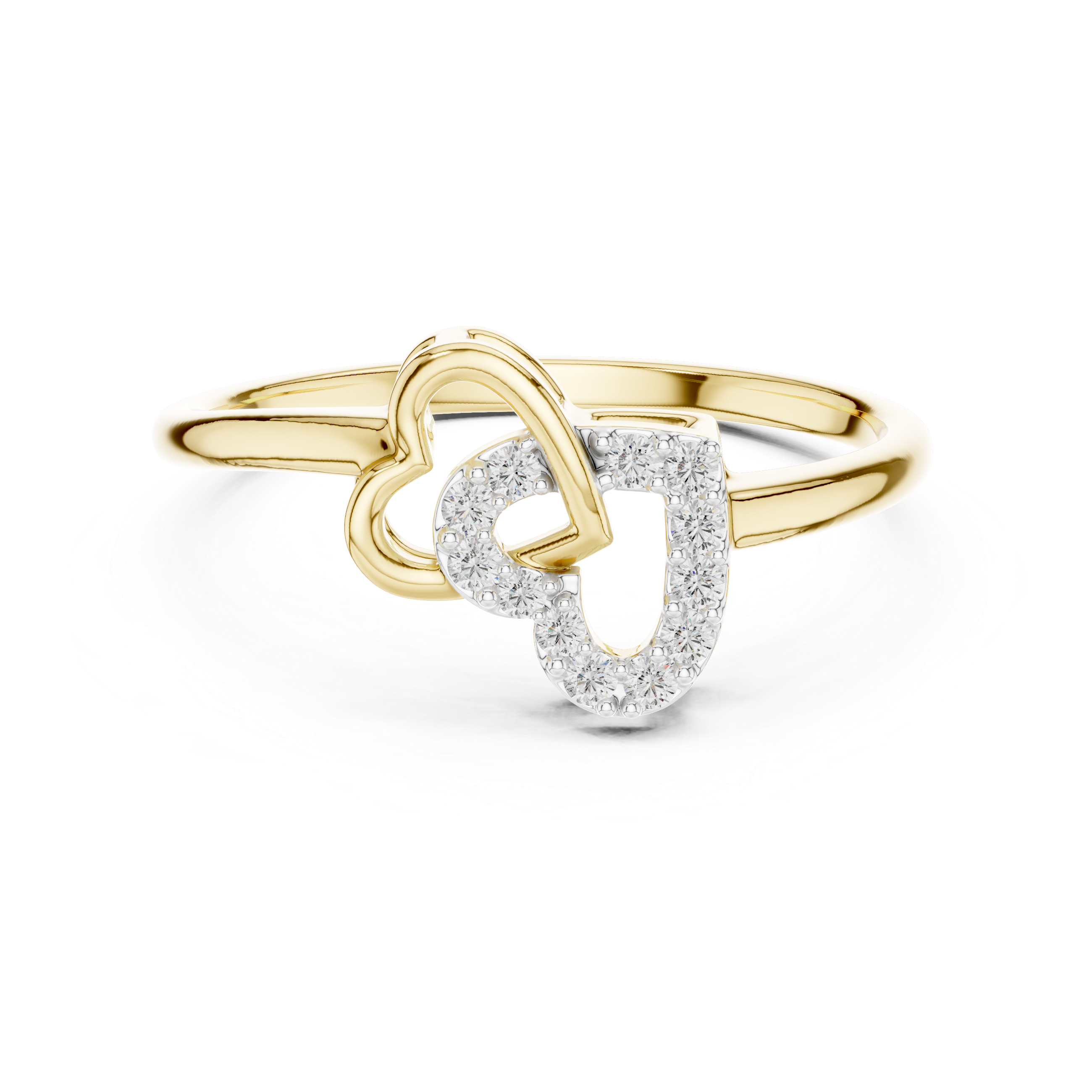 Yellow gold diamond ring with intertwined double hearts and round stones, front view.