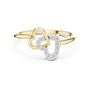 Yellow gold diamond ring with intertwined double hearts and round stones, front view.