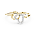 Yellow gold diamond ring with intertwined double hearts and round stones, front view.