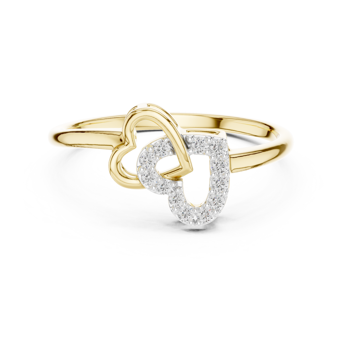 Yellow gold diamond ring with intertwined double hearts and round stones, front view.