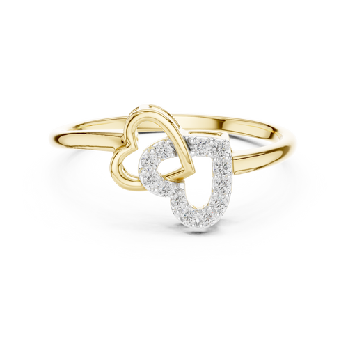 Yellow gold diamond ring with intertwined double hearts and round stones, front view.