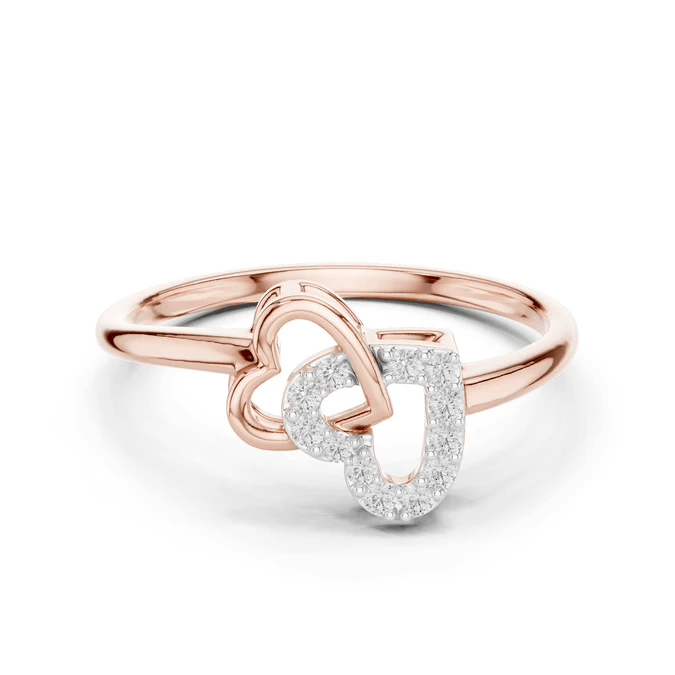 Rose gold double-heart diamond ring with U-shaped intertwined motif