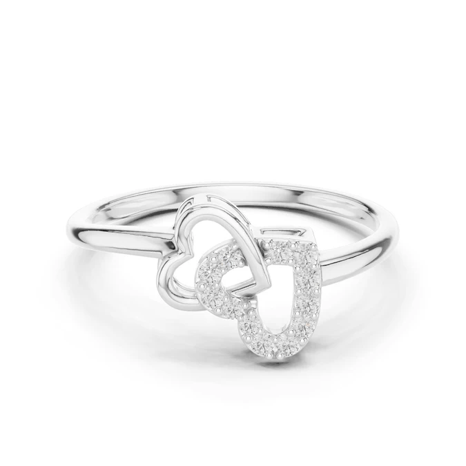White gold double-heart diamond ring with U-shaped intertwined motif