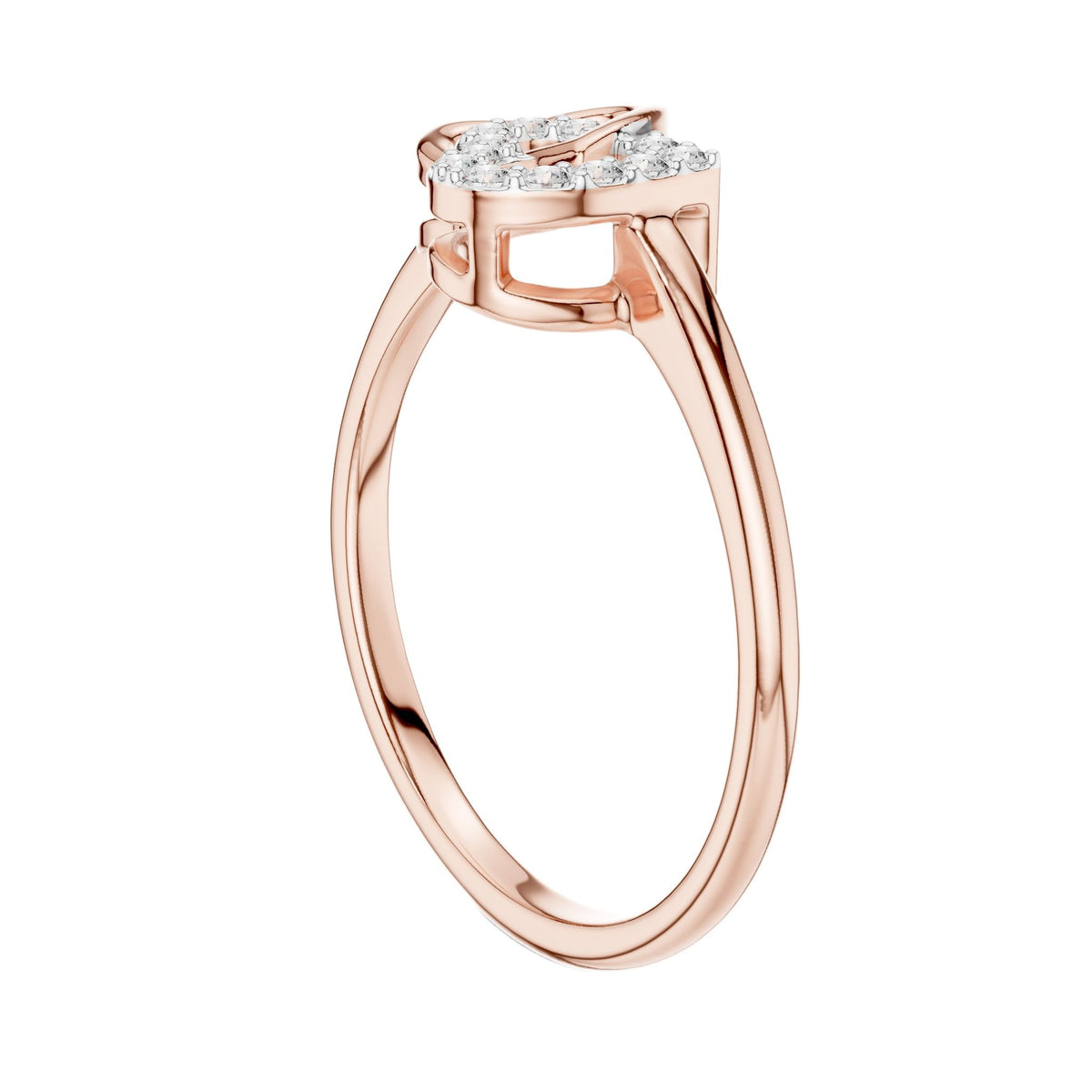 Rose gold diamond ring with intertwined heart centerpiece and pavé-set top stones