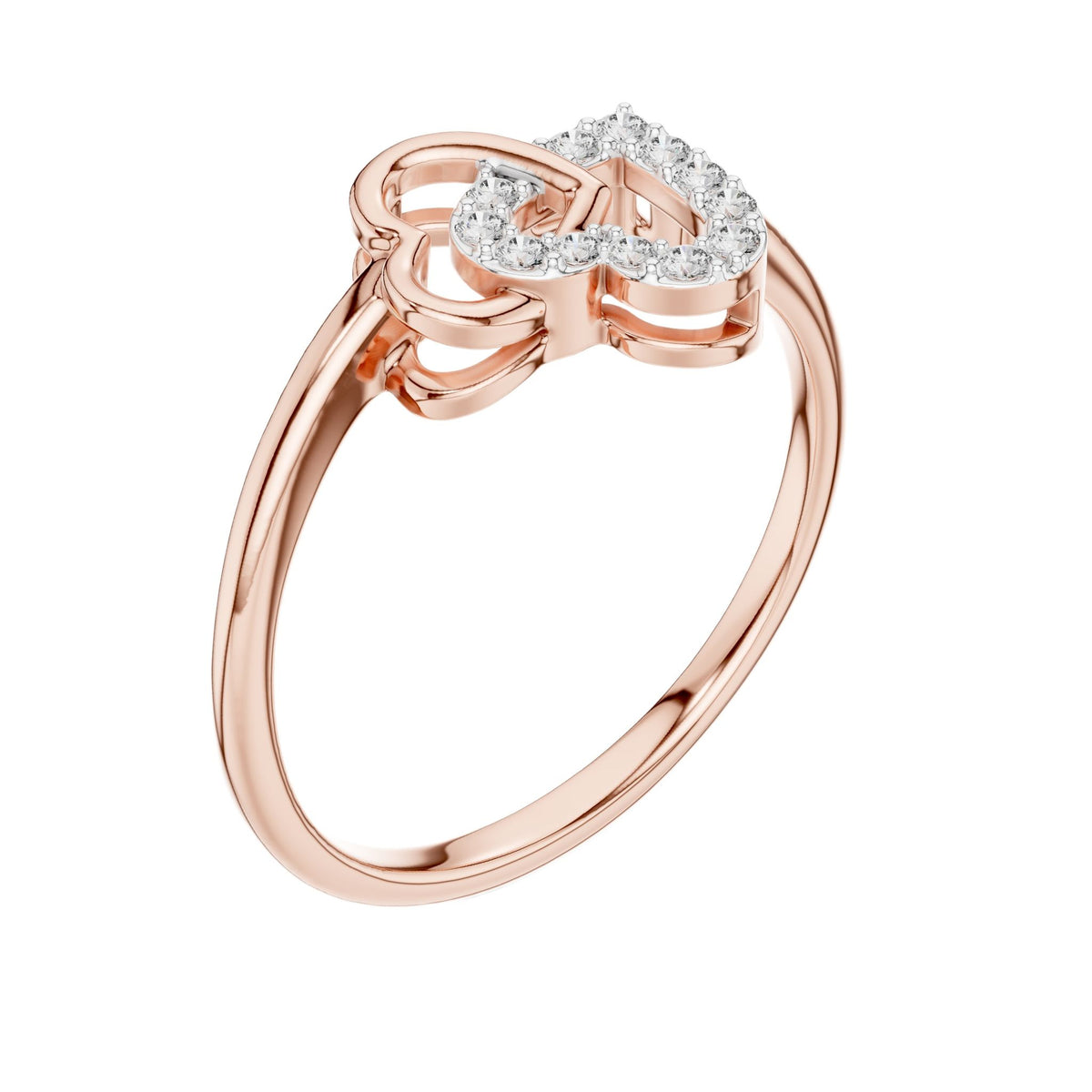 Rose gold heart diamond ring with intertwined double-heart and pavé bridge stones