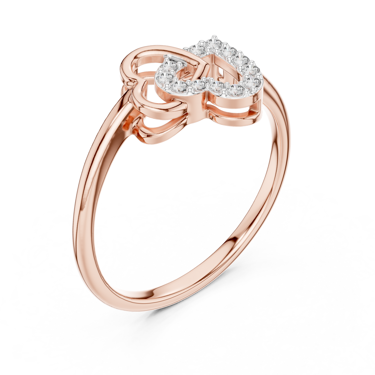 Rose gold heart diamond ring with intertwined double-heart and pavé bridge stones