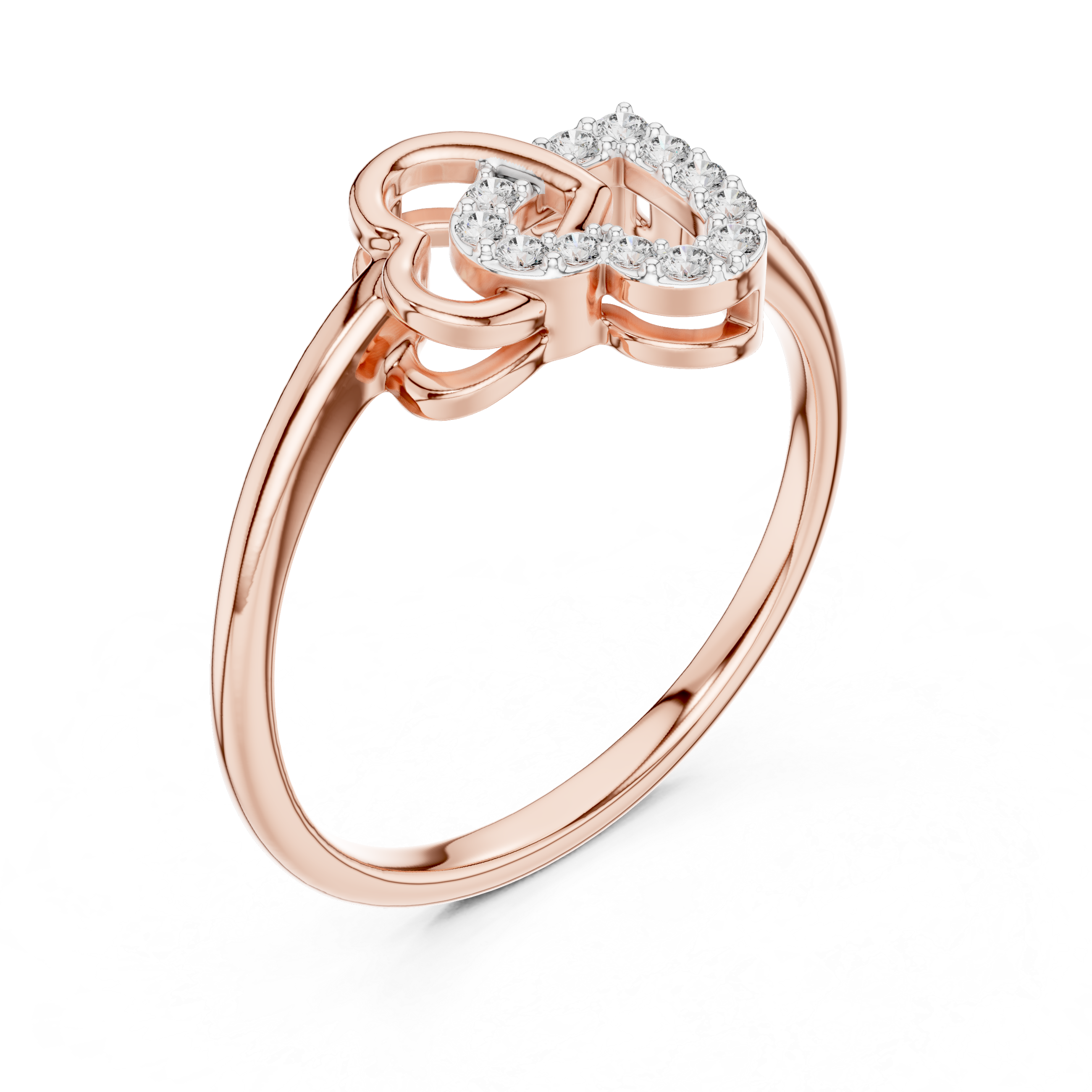 Rose gold heart diamond ring with intertwined double-heart and pavé bridge stones