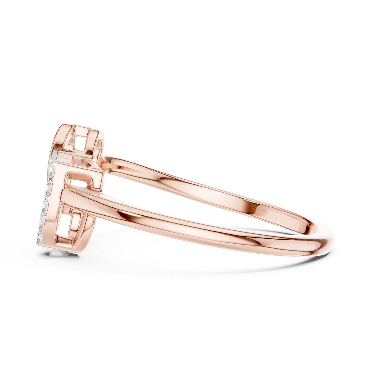 Rose gold diamond ring side view showing heart-shaped pavé settings on band