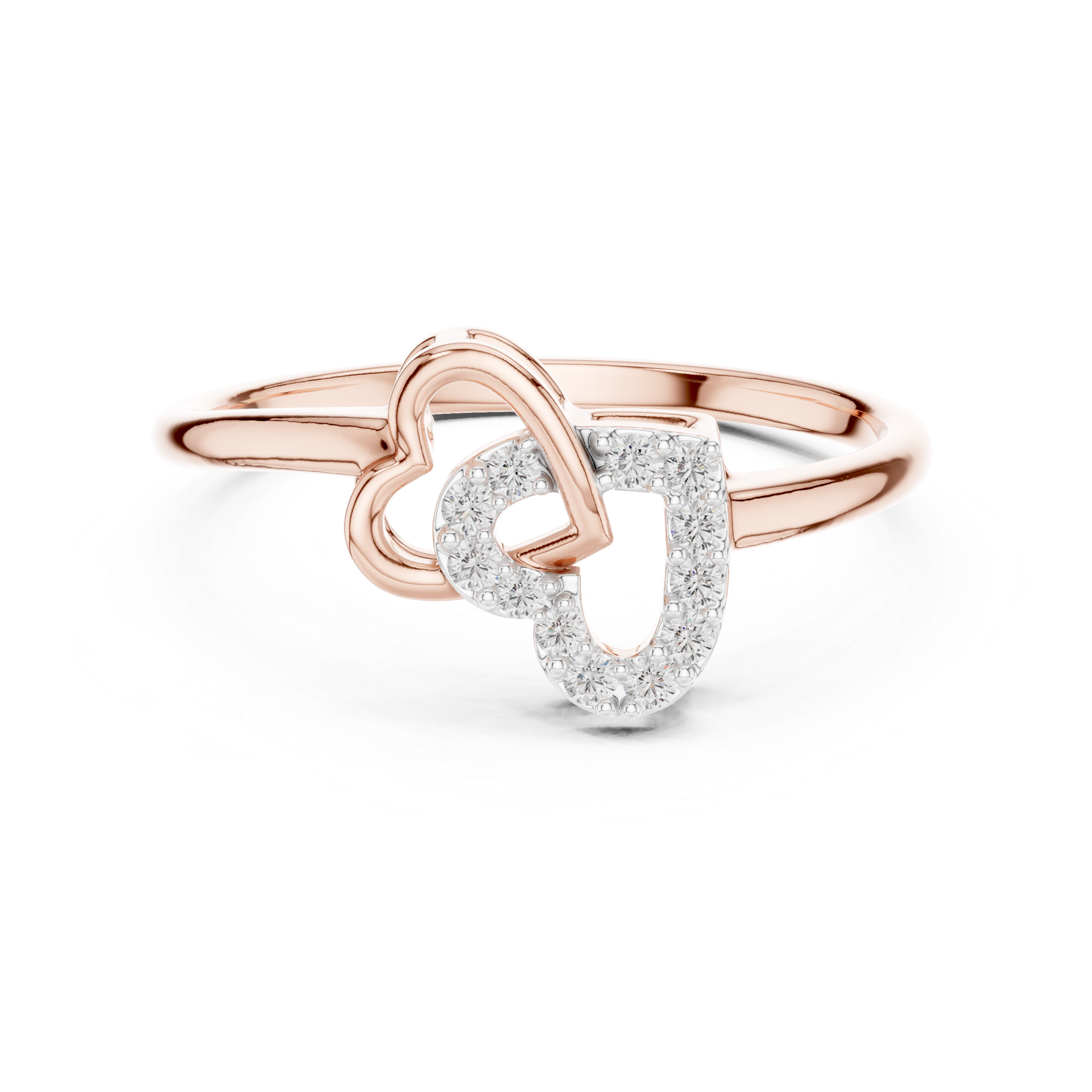 Rose gold diamond ring with intertwined hearts and pavé-set border stones