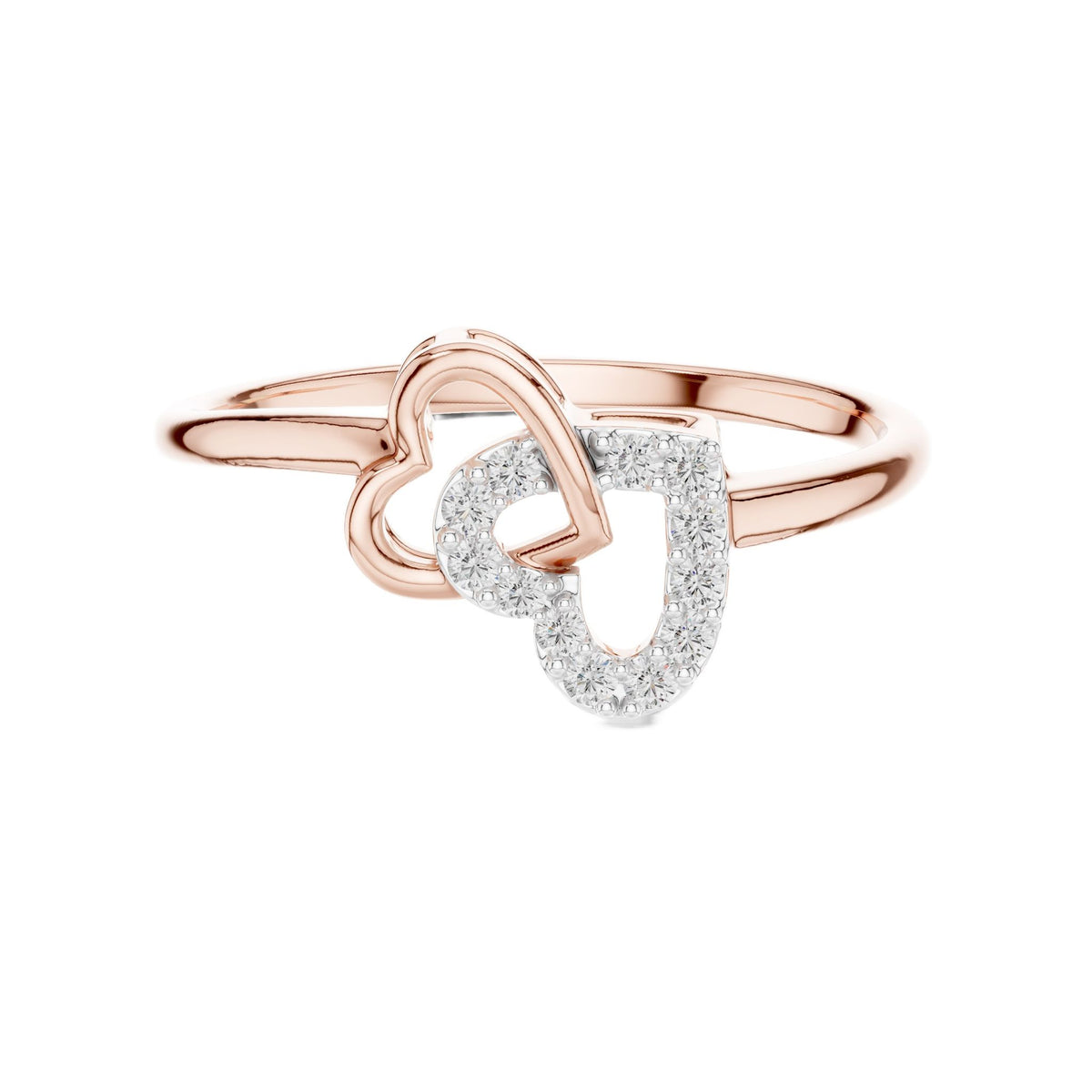 Rose gold heart diamond ring with intertwined double-heart setting and pavé accents