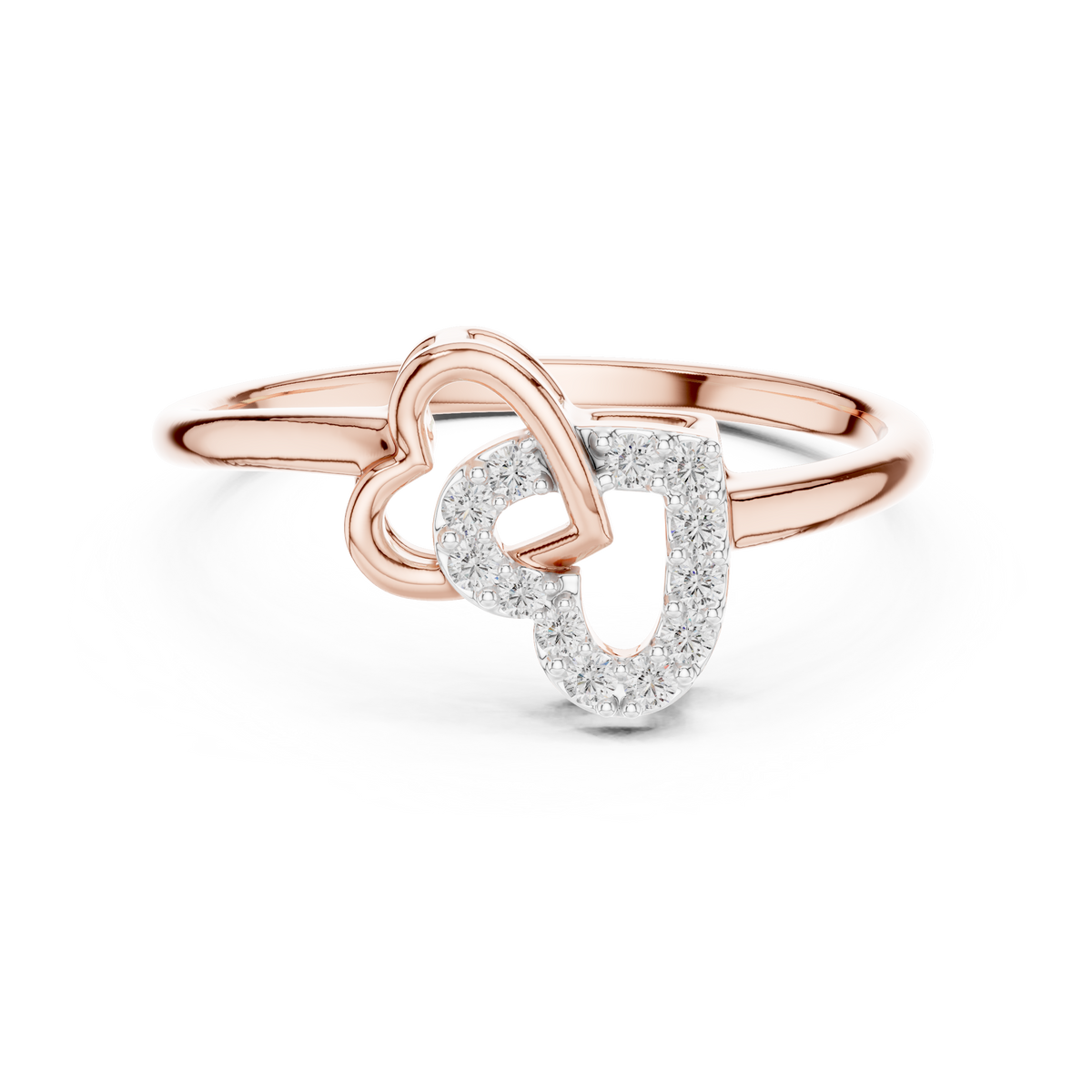 Rose gold heart diamond ring with intertwined double-heart setting and pavé accents