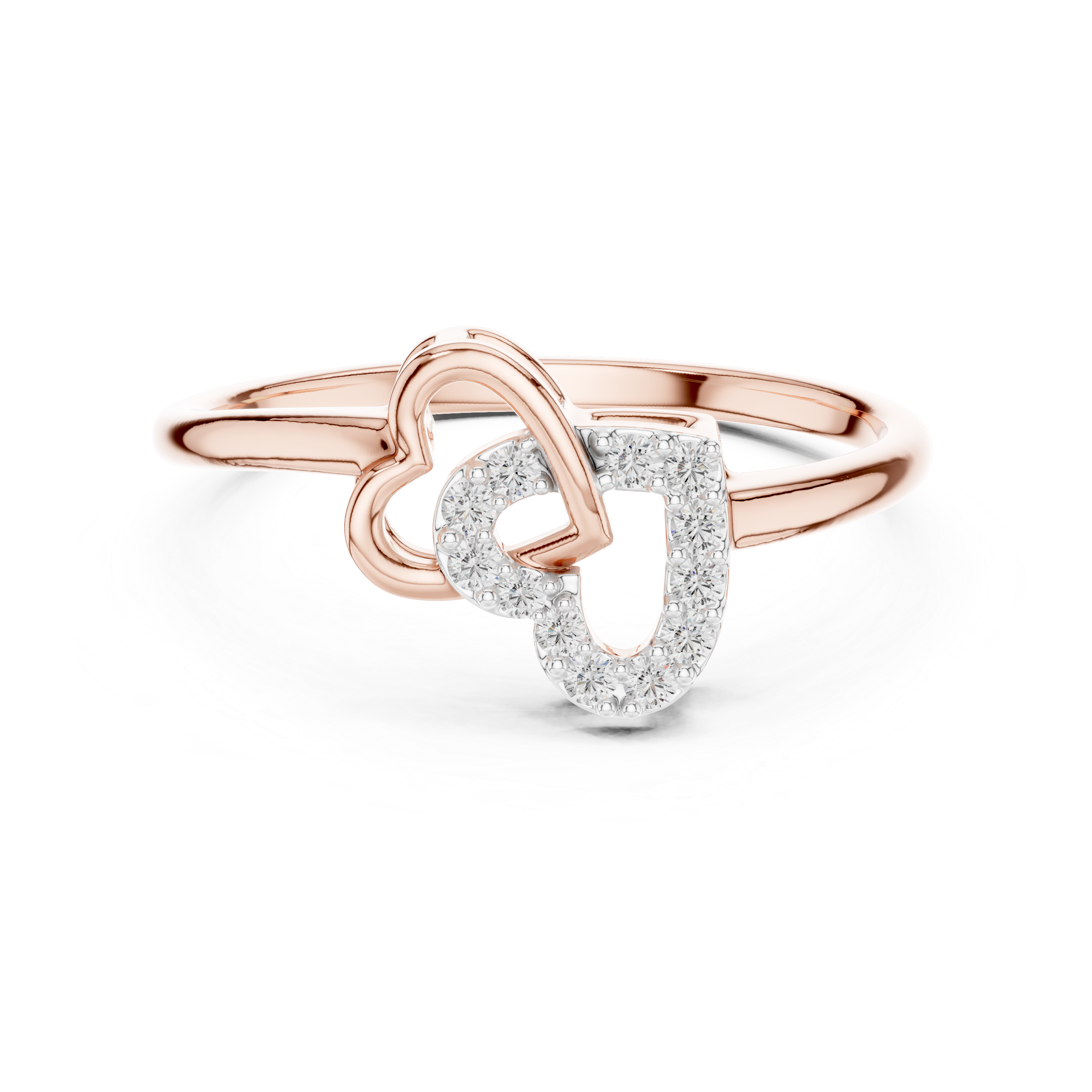 Rose gold heart diamond ring with intertwined double-heart setting and pavé accents