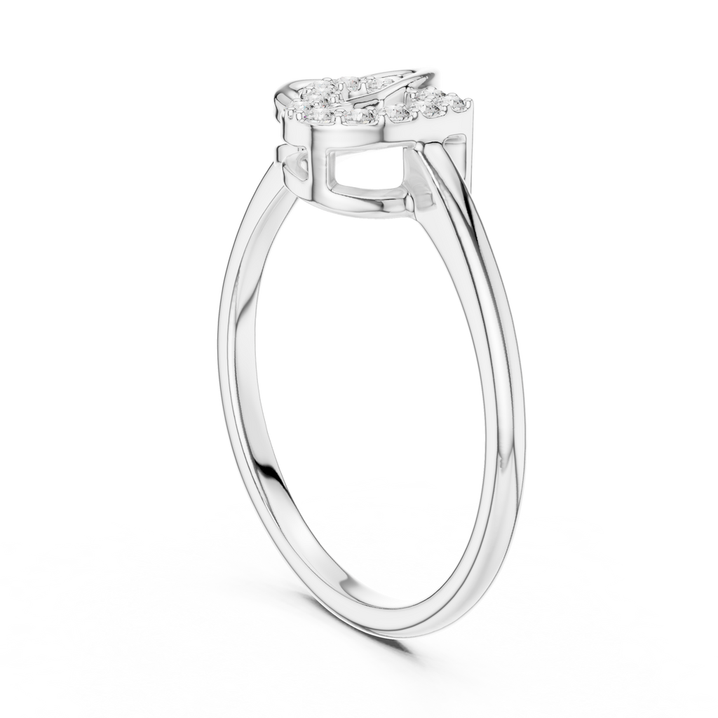 Heart motif diamond ring with intertwined band, white metal and pavé-set details