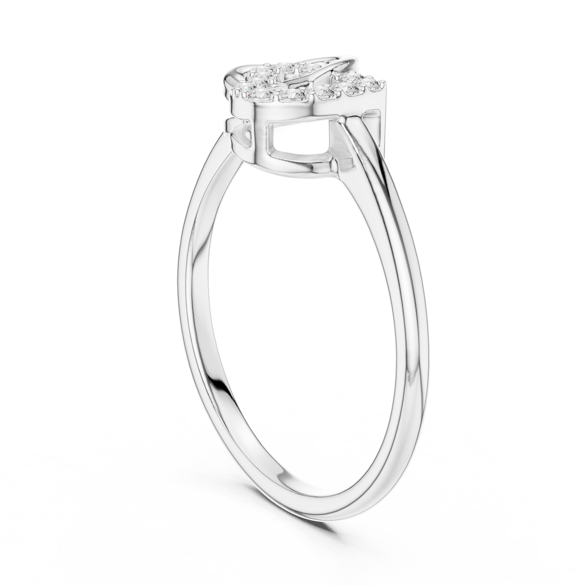 Heart motif diamond ring with intertwined band, white metal and pavé-set details