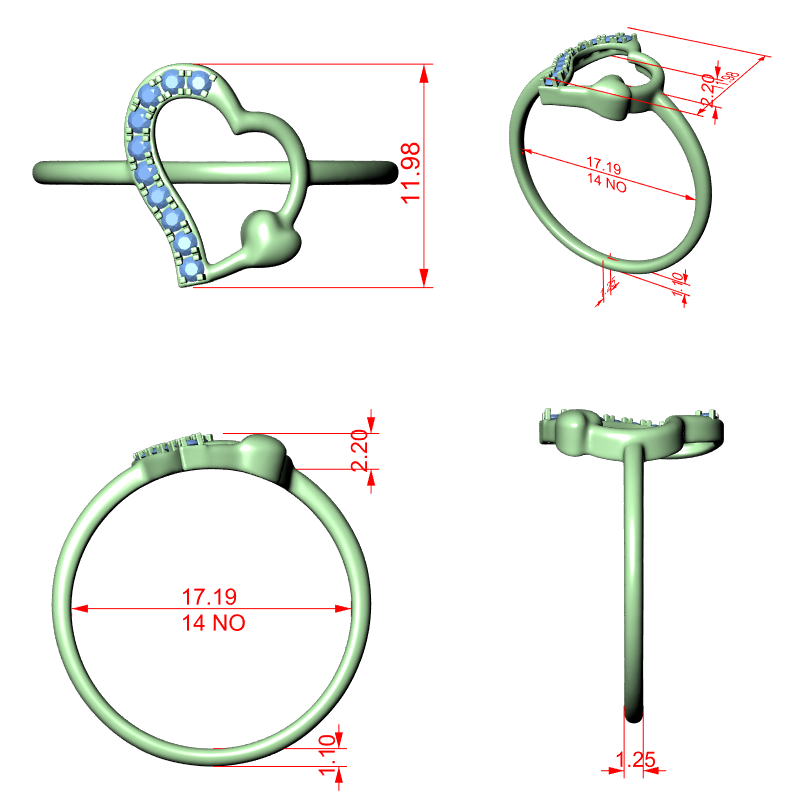 Heart promise diamond ring with blue stones, dimensioned technical view