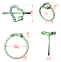 Heart promise diamond ring with blue stones, dimensioned technical view