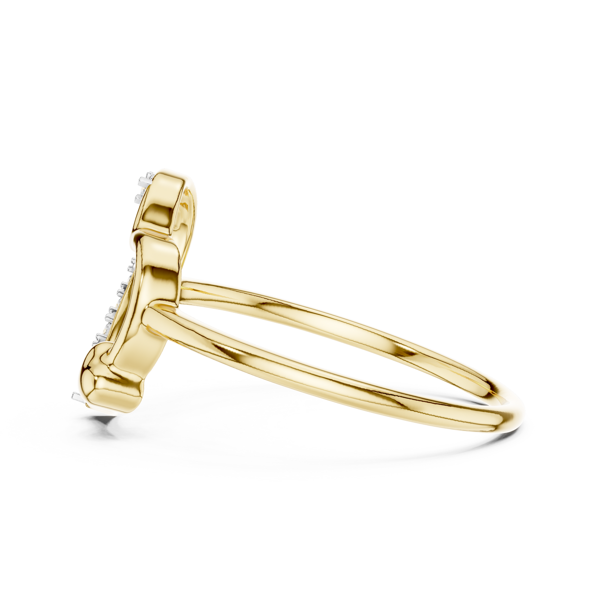 Yellow gold open-heart diamond promise ring side view with prong-set stones
