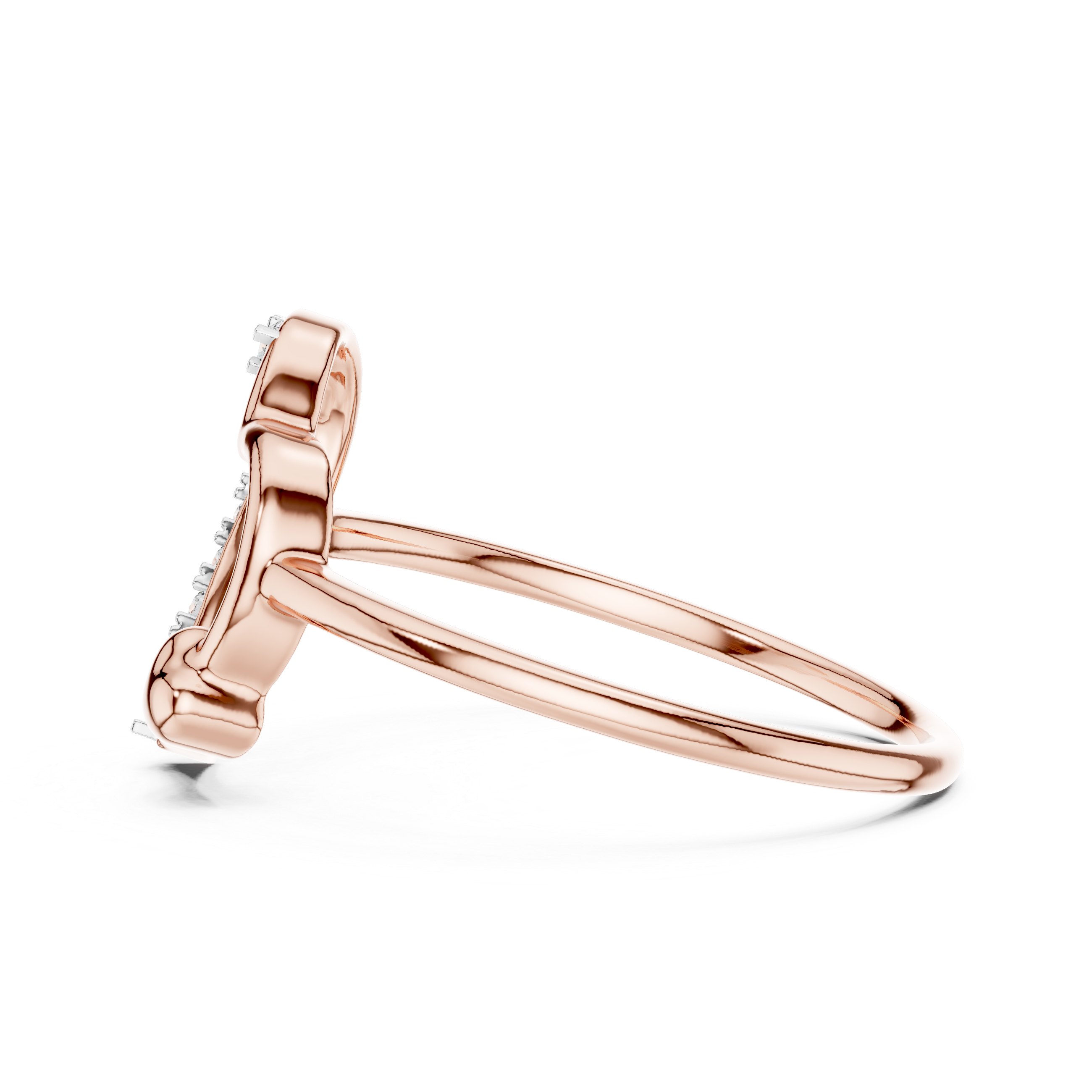 Rose-gold heart promise diamond ring side view with pavé stones and open heart