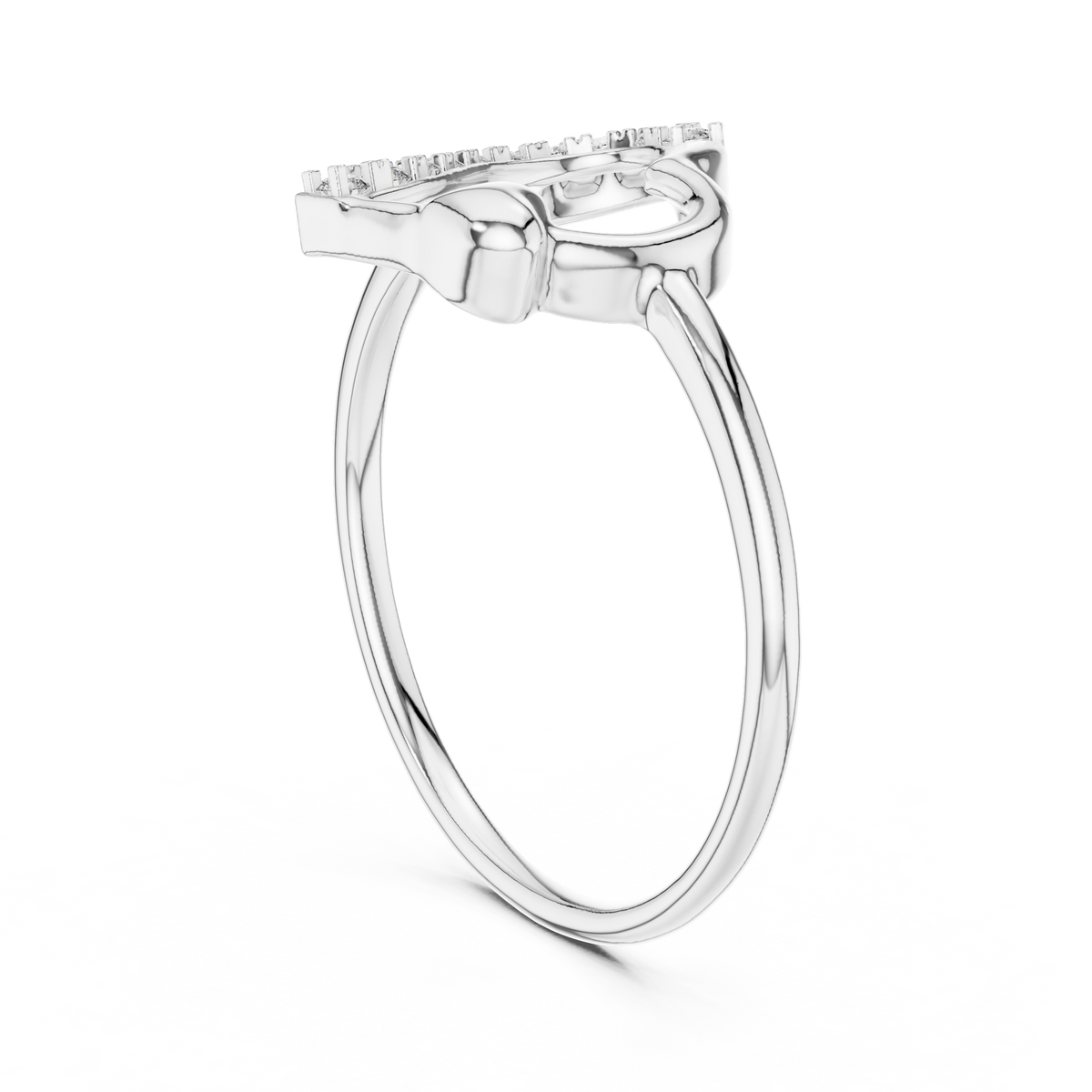 White-gold heart promise diamond ring with pavé stones across open-heart top