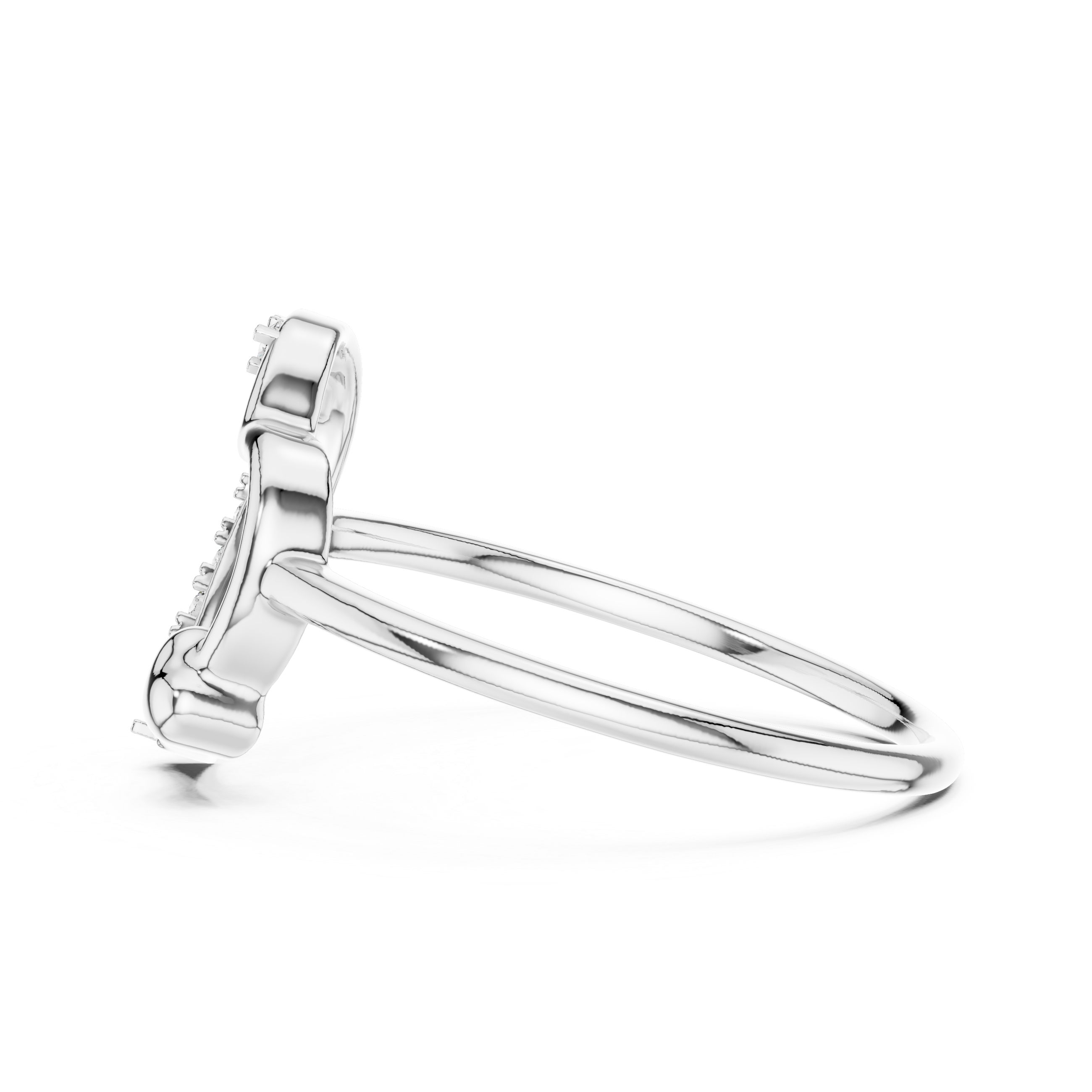 White-gold heart promise diamond ring side view with pavé stones and open heart