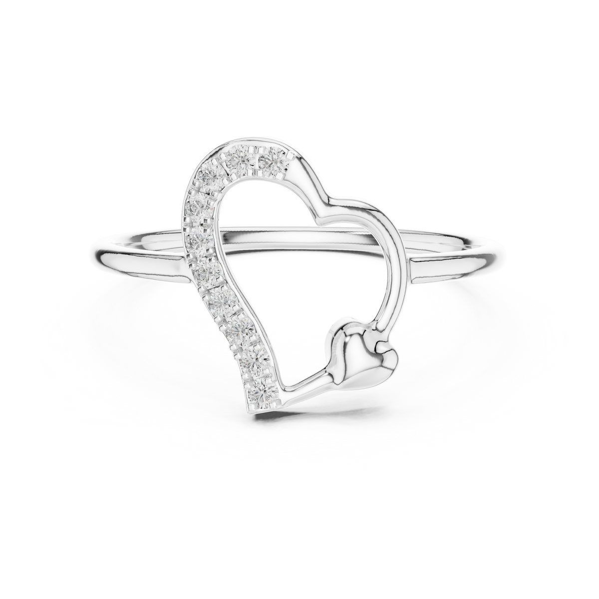 White-gold heart promise diamond ring front view with pavé heart detail
