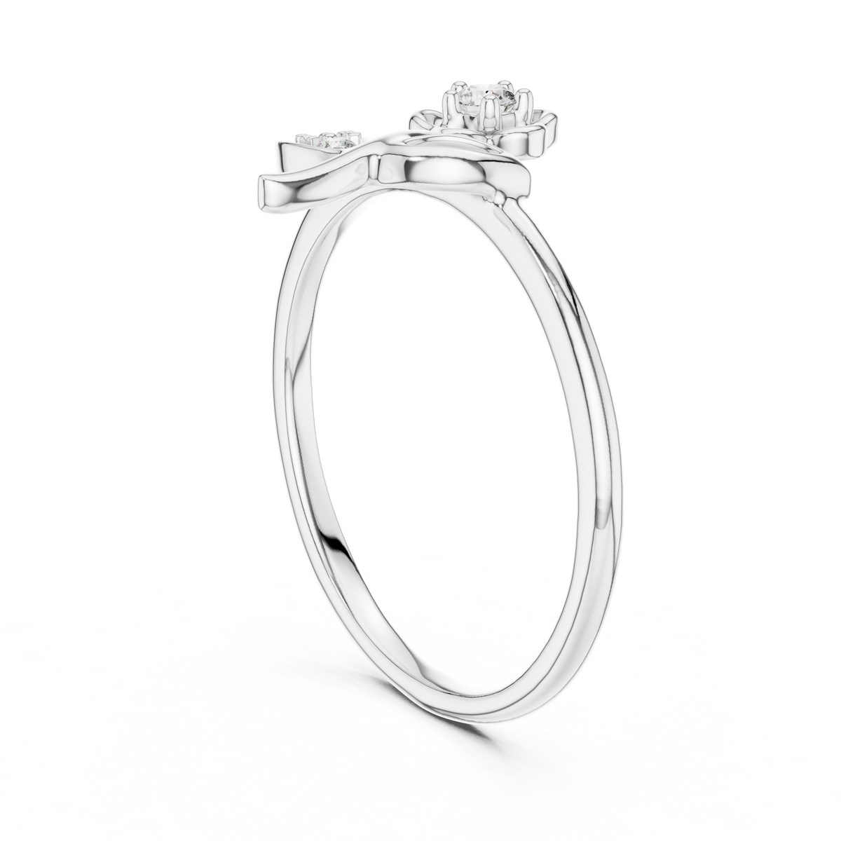 White metal floral diamond ring with round center stone and curved split band