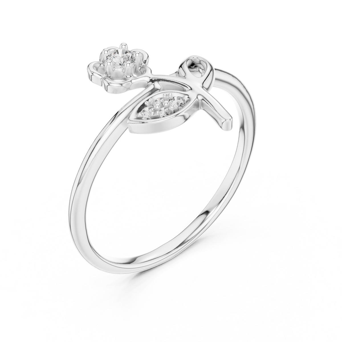 White metal floral diamond ring with pear-shaped side accents and round center stone