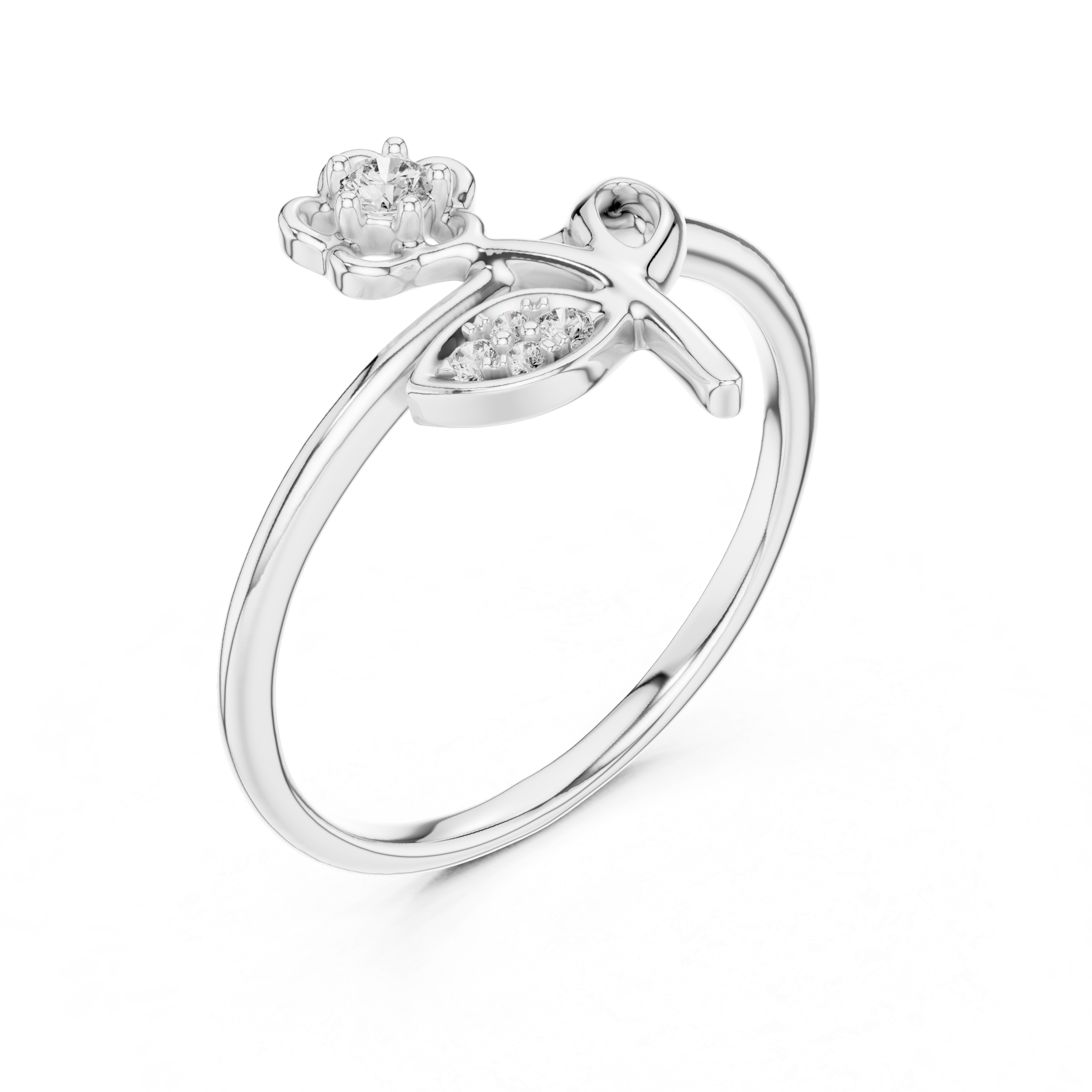 White metal floral diamond ring with pear-shaped side accents and round center stone