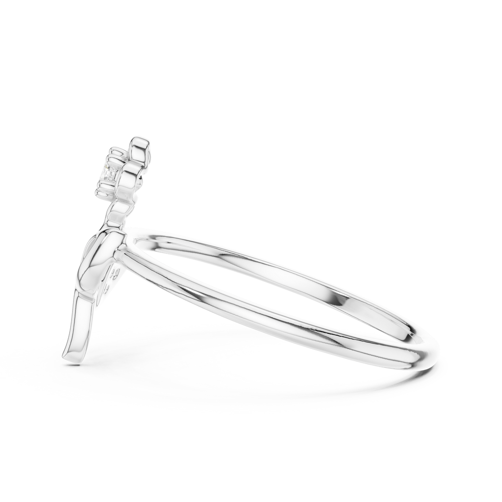 White metal floral diamond ring shown from side with round center stone