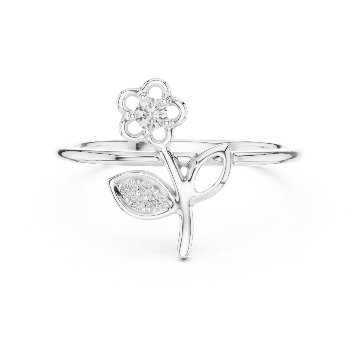 White metal floral diamond ring front view with round center stone and clustered petals