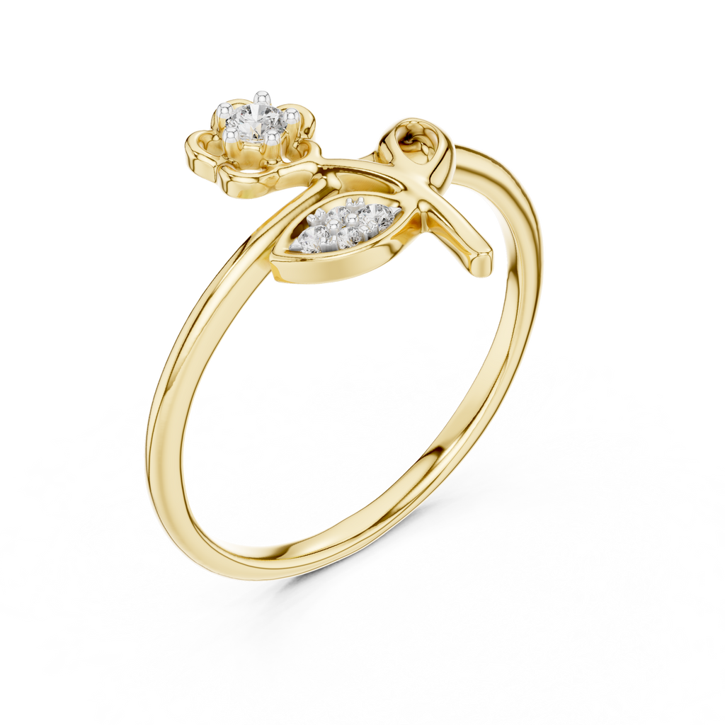Yellow gold diamond ring with floral motif and round stones on the setting