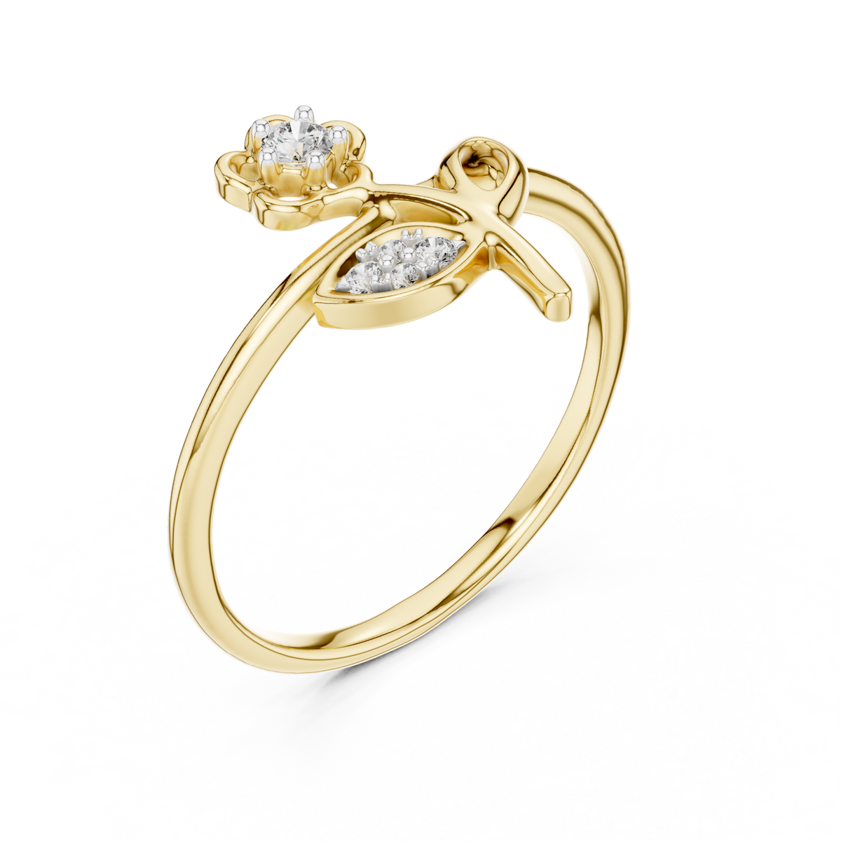 Yellow gold diamond ring with floral motif and round stones on the setting