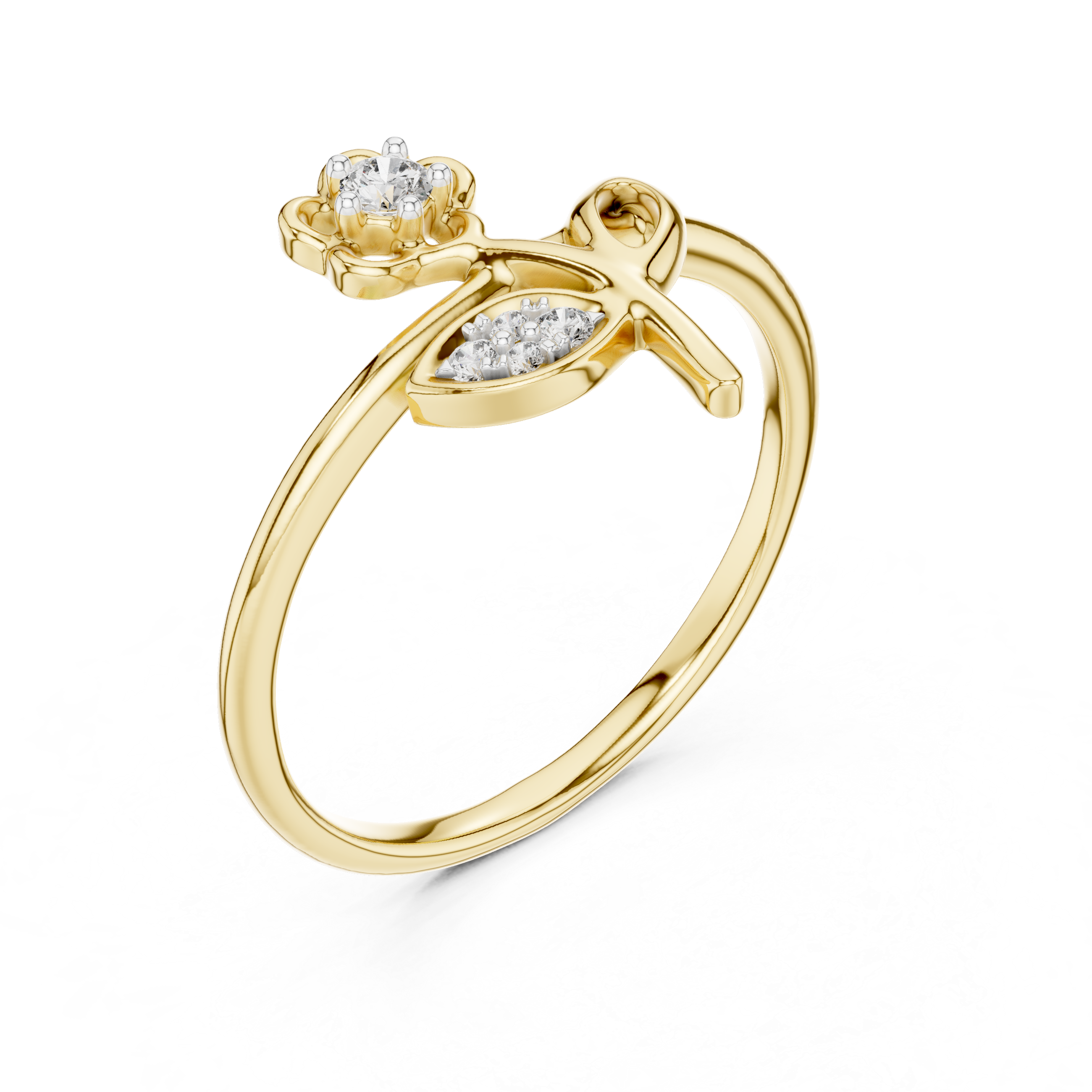 Yellow gold diamond ring with floral motif and round stones on the setting