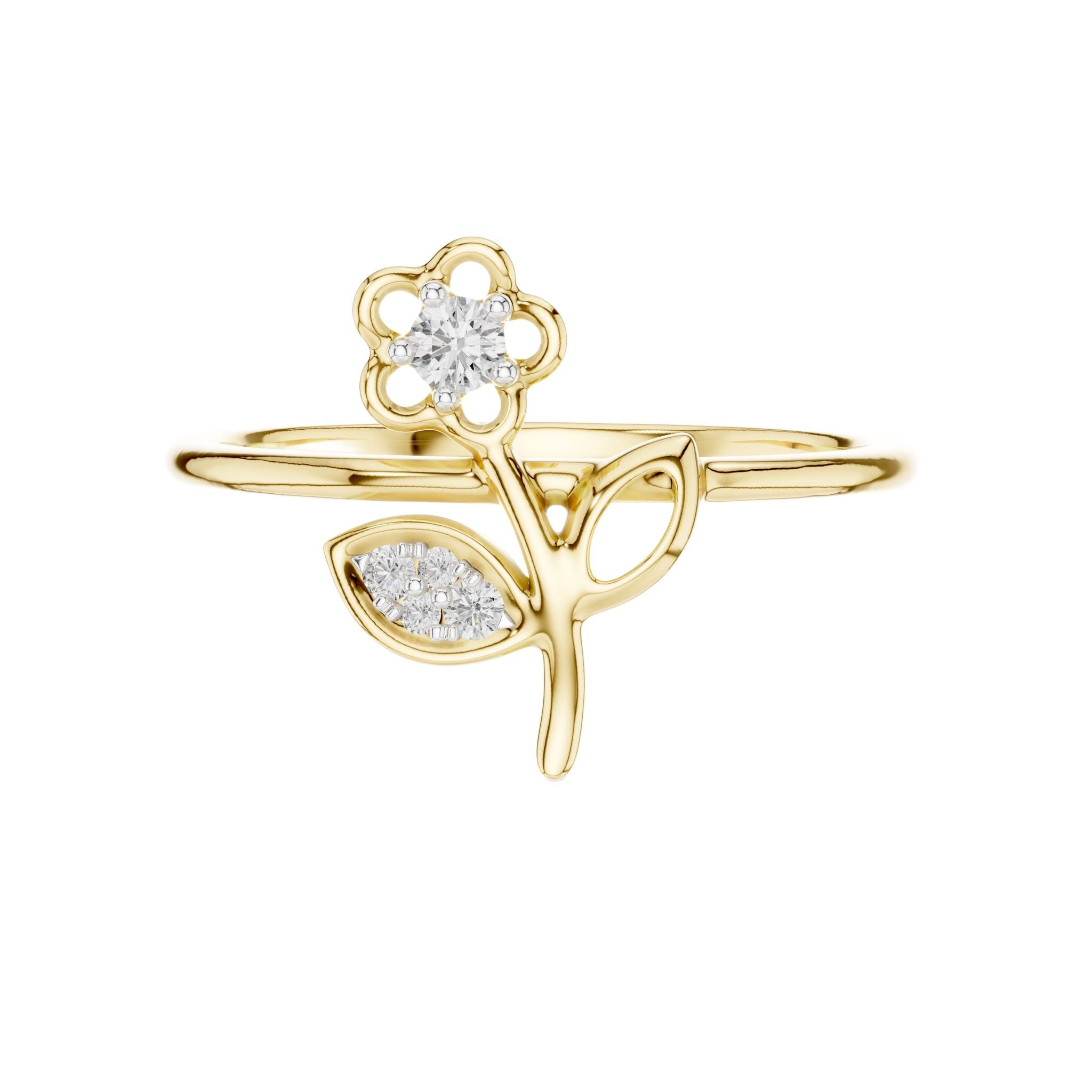 Yellow gold diamond ring with flower crown center stone and round side stones