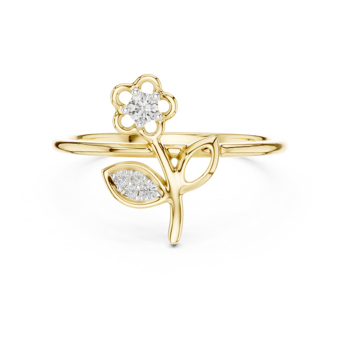 Yellow gold diamond ring with flower crown center stone and round side stones