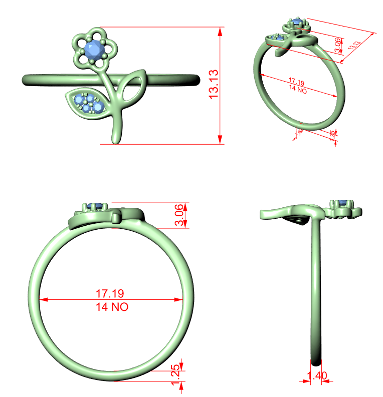 Floral diamond ring, green 3D render with round center stone and leaf band