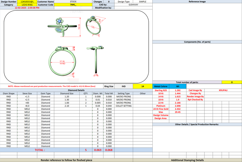 Floral diamond ring technical diagram with top and side views and measurements