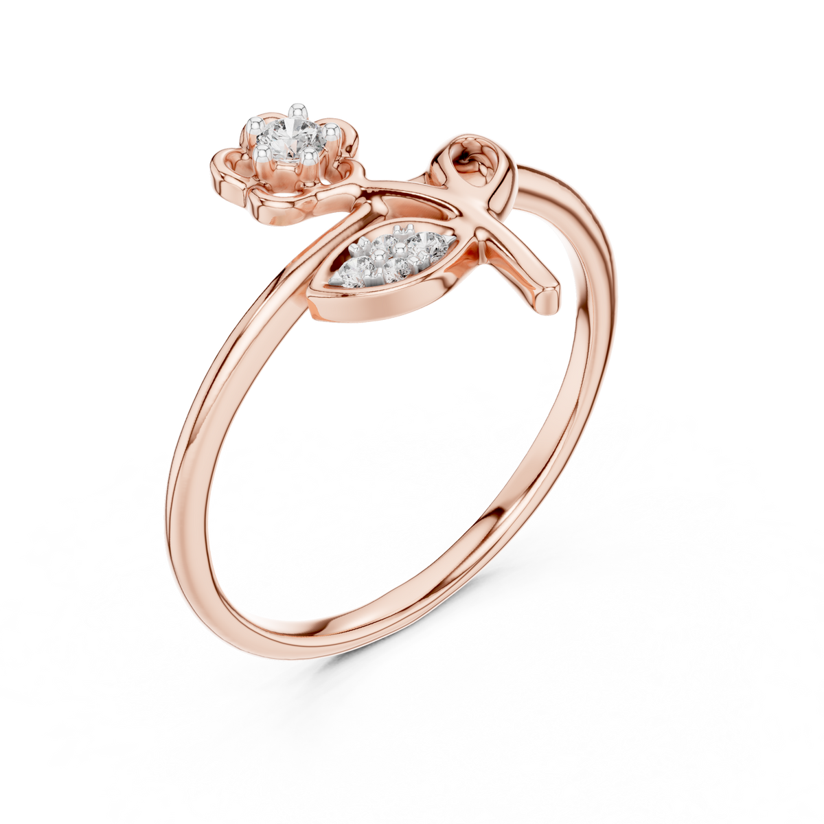 Rose gold floral diamond ring with pear-shaped side accents and round center stone