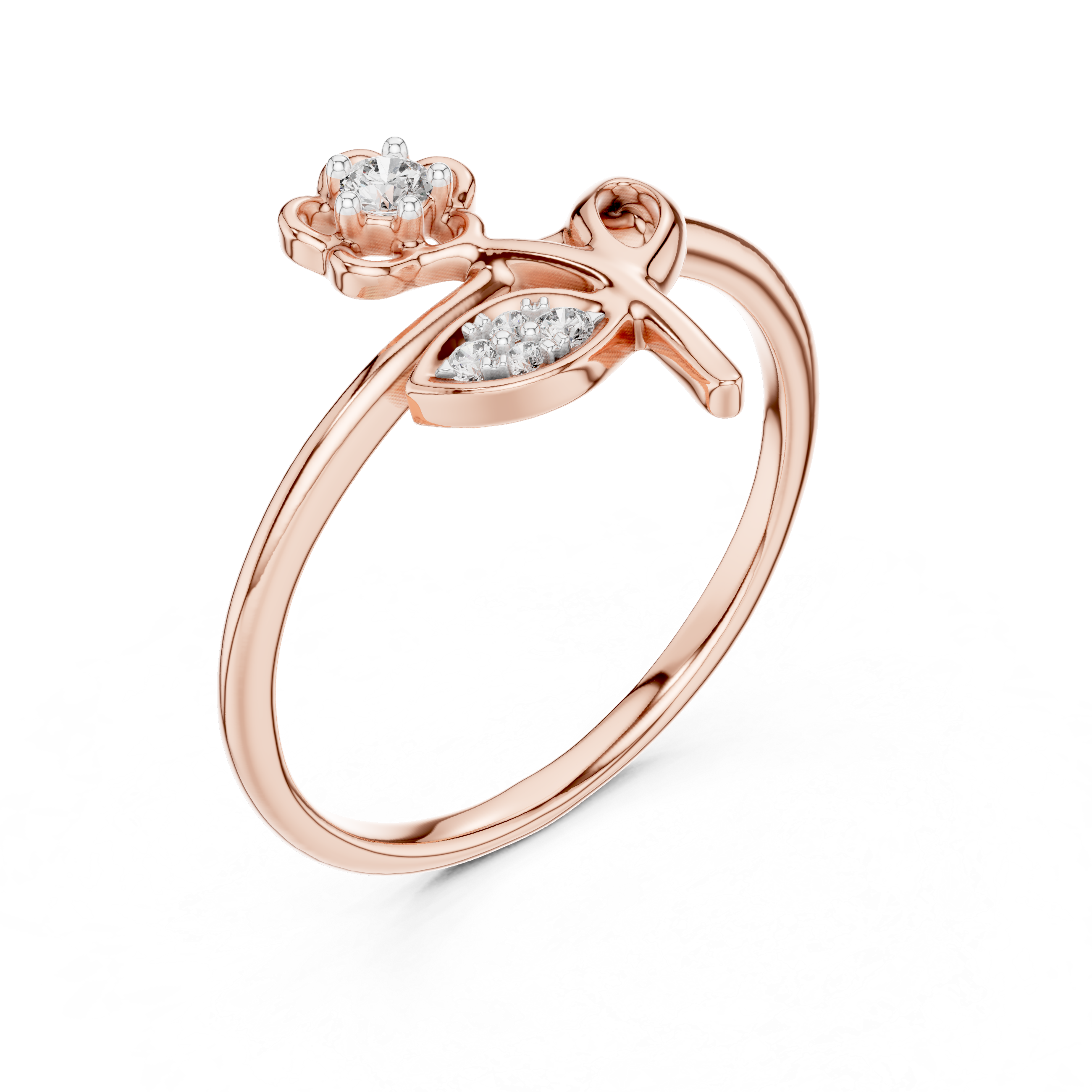 Rose gold floral diamond ring with pear-shaped side accents and round center stone
