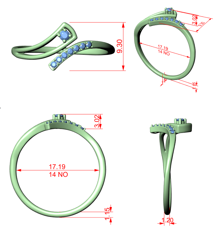 Ring design diagram with dimensions, showing diamond-studded wave band