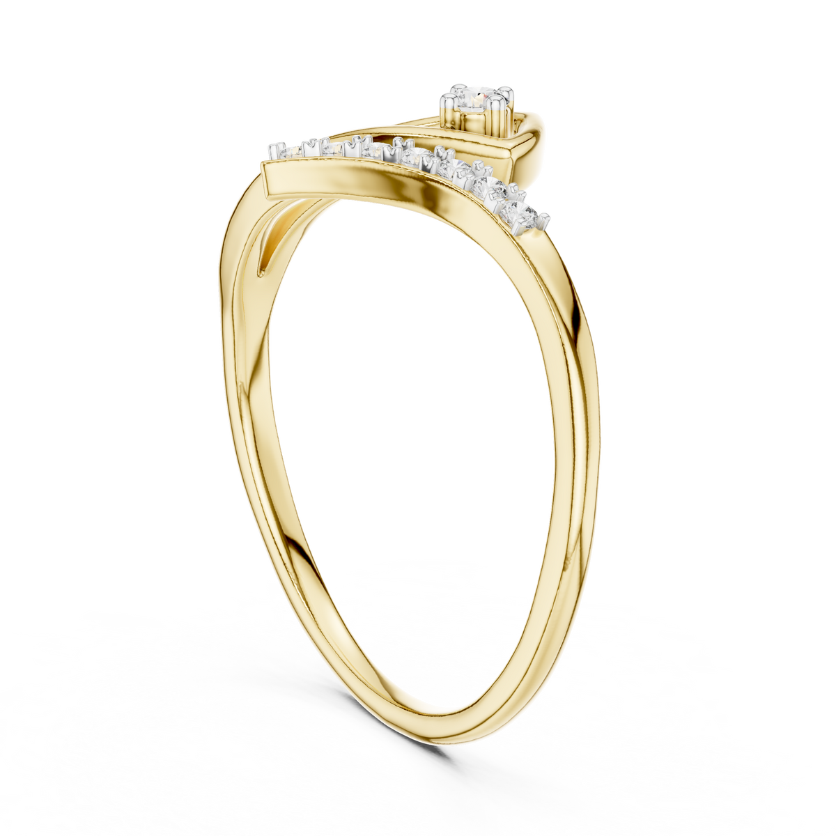 Asymmetric diamond wave ring in 10K yellow gold with round stones, high profile setting