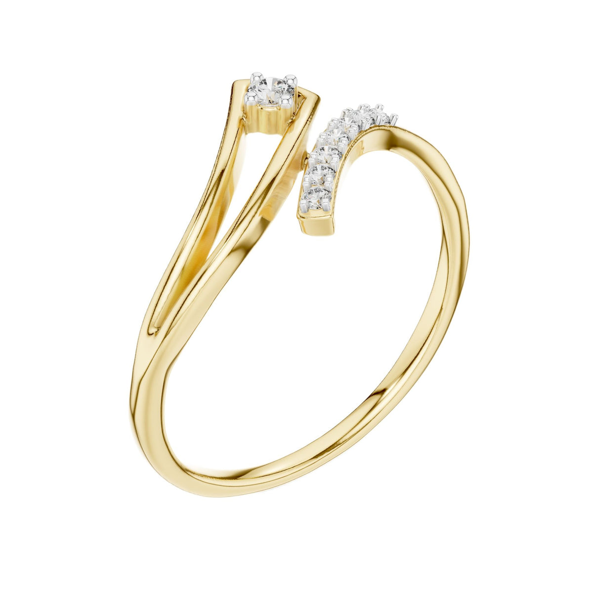 Asymmetric diamond wave ring in yellow gold with several round diamond accents, open view