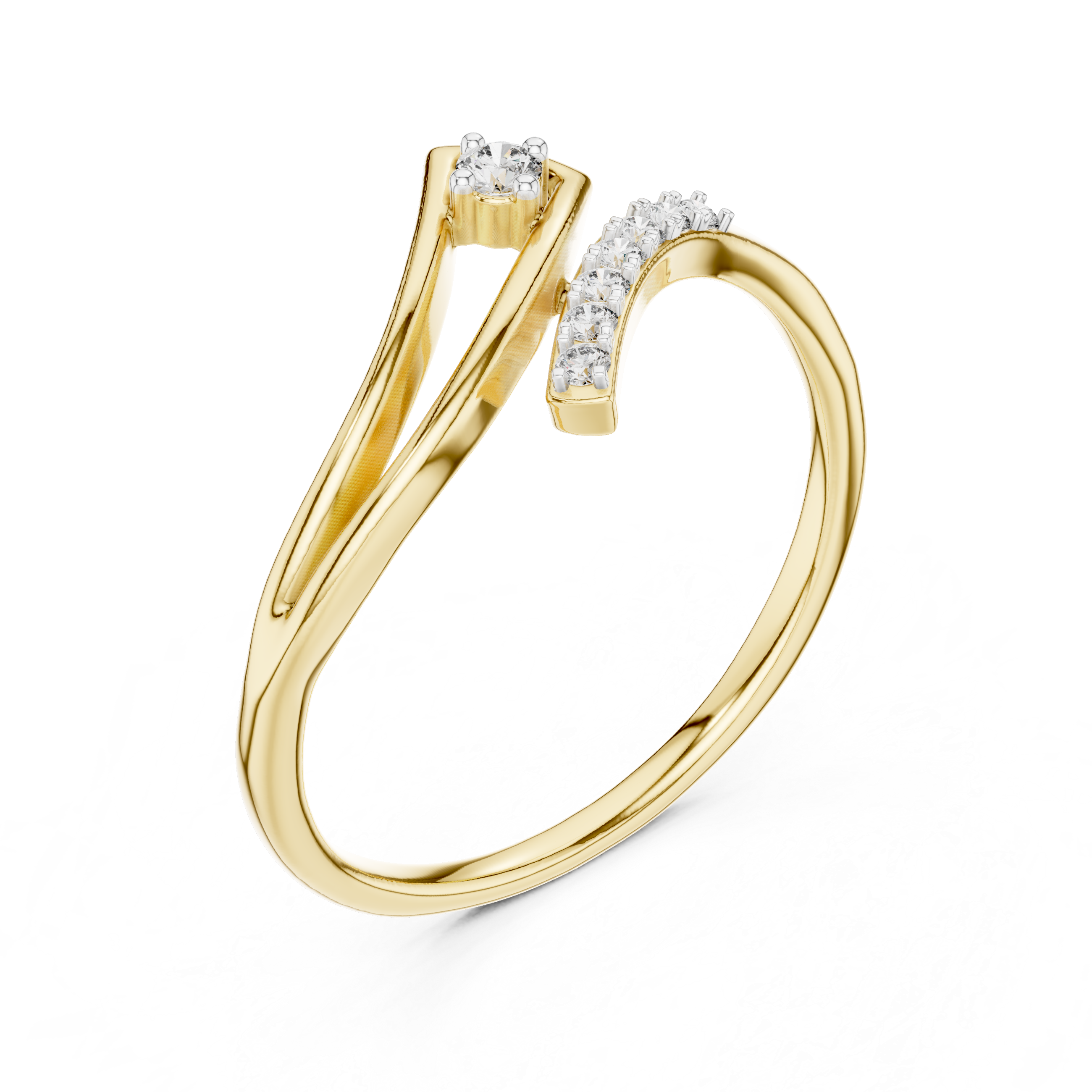 Asymmetric diamond wave ring in yellow gold with several round diamond accents, open view